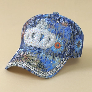 Floral lace baseball cap with a sparkling rhinestone crown patch and beaded brim