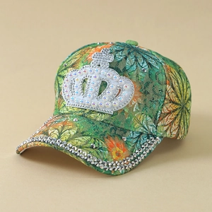 Women Floral Print Baseball Cap With Rhinestone Crown Artificial Pearl Decor Adjustable Sun Hat Outdoor Fashion Peaked Cap