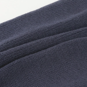 Close-up of dark grey ribbed knit texture showing the thick and soft wool blend material