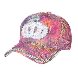 Floral lace baseball cap with sparkling rhinestone crown and silver stud detailing