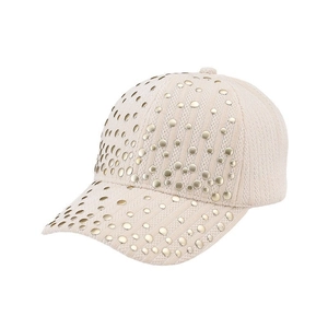Berretto da baseball in velluto beige con rivetti dorati e trama a maglia verticale