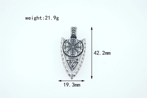 Detailed size chart for Viking arrow pendant with Aegishjalmur and Valknut symbols