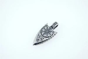 Detailed view of stainless steel Viking arrowhead pendant with Vegvisir and Valknut symbols