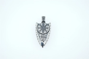 Close-up of Viking pendant featuring Aegishjalmur and Valknut symbols on metal shield