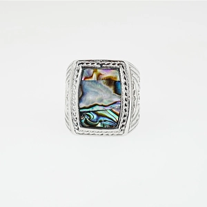 Men's vintage silver signet ring featuring a rectangular abalone shell inlay
