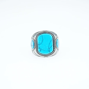 Vintage oxidized silver ring for men with turquoise inlay and geometric carvings