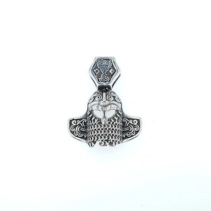 Retro Viking Mjolnir mask pendant with Celtic knot details and vintage metallic finish