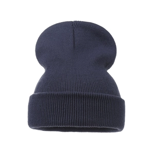 Detail view of navy blue ribbed knit beanie showing high-quality fabric texture and elasticity