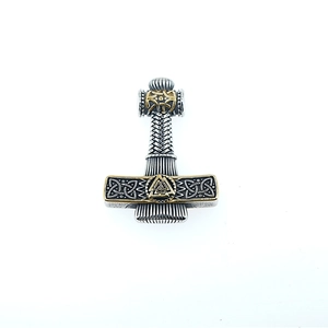 Pendentif Marteau de Thor en acier inoxydable avec symbole Valknut doré pour homme