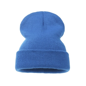 Detail of royal blue knitted beanie showing high-quality double ribbed stitch pattern