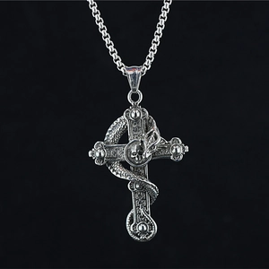 Collier Pendentif Croix Crâne Serpent Gothique Acier Titane Punk Hip Hop Rétro Argent Oxydé Bijoux pour Hommes et Femmes