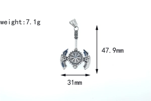 Detail showing vintage stainless steel Viking axe pendant with Vegvisir compass engraving