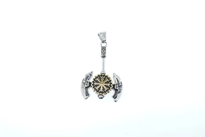 Detailed close-up of a vintage Viking double axe pendant with a gold Vegvisir compass