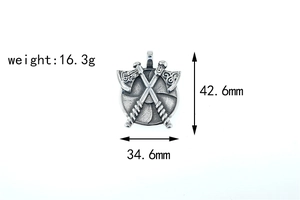 Detailed dimensions of a vintage Viking double axe shield pendant in stainless steel
