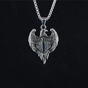 Vintage Stainless Steel Eagle Shield Pendant Necklace Hip Hop Punk Distressed Silver Star Wings Men Women Biker Jewelry