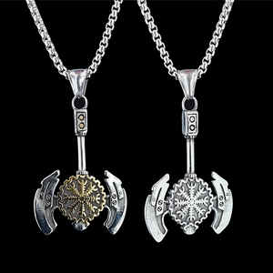 Viking Double Headed Axe Pendant Necklace Stainless Steel Vegvisir Compass Rune Retro Distressed Jewelry For Men Women