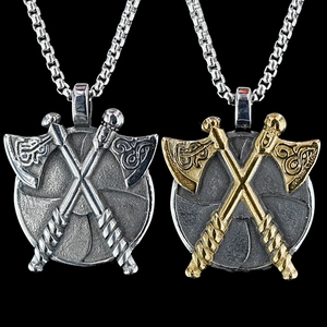 Viking Double Axe Round Shield Pendant Necklace Stainless Steel Celtic Knot Vintage Distressed Punk Nordic Jewelry For Men