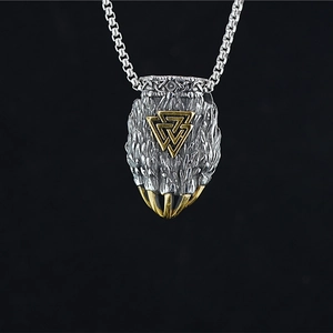 Viking bear paw pendant with golden Valknut symbol on a silver steel chain necklace