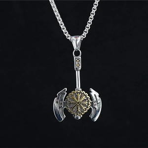 Vintage stainless steel Viking double axe necklace with golden Vegvisir compass pendant