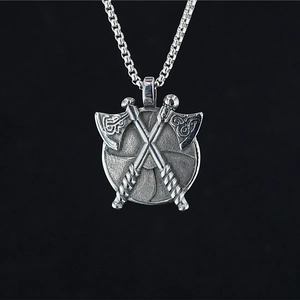 Vintage Viking double axe round shield pendant in silver stainless steel on box chain