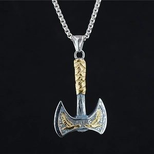 Collier pendentif hache double face en acier inoxydable avec relief d'aigle doré