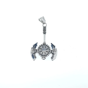 Vintage stainless steel Viking double axe pendant necklace with Vegvisir compass detail