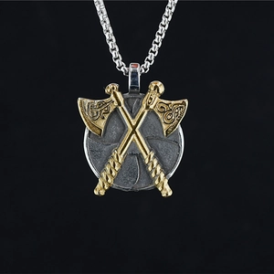 Vintage stainless steel viking necklace featuring round shield and golden double axe pendant