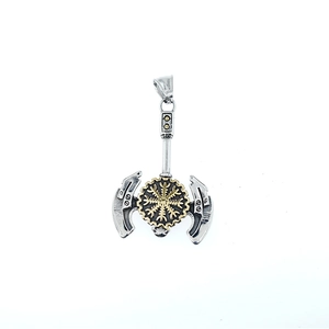 Retro stainless steel Viking axe pendant with golden Nordic compass symbol for men
