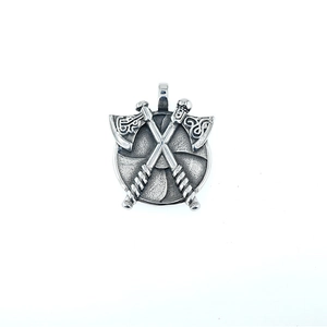 Vintage stainless steel necklace with double axe and round shield pendant for men