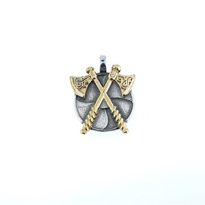 Vintage stainless steel necklace featuring Nordic double axe shield pendant in gold and silver