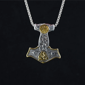 Collier pendentif Marteau de Thor viking vintage avec symbole Valknut doré et corbeaux