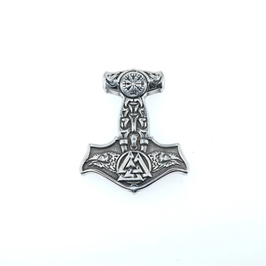 Pendentif Marteau de Thor vintage avec runes vikings et gravures de corbeau en argent