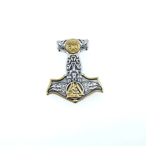 Pendentif Mjölnir vintage avec boussole viking et symboles Valknut en argent et or