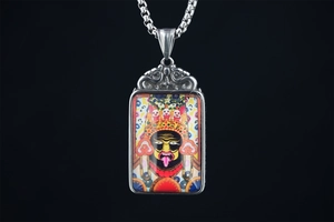 Vue détaillée du collier vintage en acier titane avec pendentif Thangka coloré