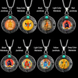 Vintage Titanium Steel Buddhist Thangka Necklace With Artificial Turquoise Retro Religious God Of Wealth Pendant Jewelry For Men Women