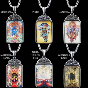 Collier Pendentif Thangka Peint en Acier Titane Rétro pour Hommes Femmes Ganesha Pixiu Renard à Neuf Queues Bijoux Religieux