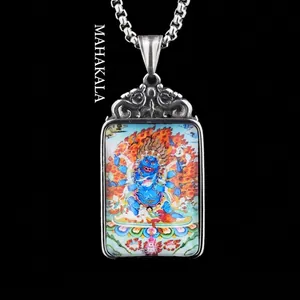 Collier rétro en acier inoxydable avec pendentif Thangka Mahakala peint à la main