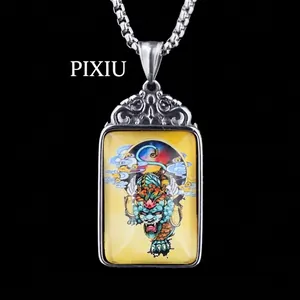 Collier en acier inoxydable rétro avec pendentif Pixiu peint en couleurs vives