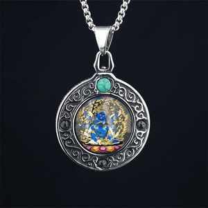 Ethnic titanium steel necklace with turquoise inlay and Buddhist Mahakala pendant