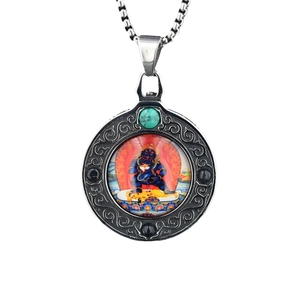 Ethnic turquoise thangka necklace with silver titanium steel pendant and blue deity artwork