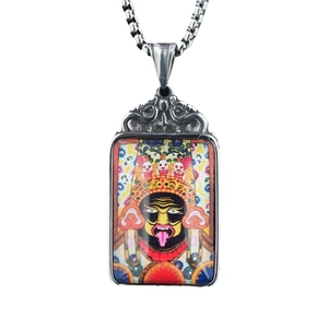 Collier vintage en acier inoxydable avec pendentif Mahakala et peinture thangka colorée