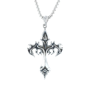 Collier Pendentif Croix de Flamme en Acier Titane Gothique Vintage Homme Hip Hop Punk Bijoux Rétro Argent Chaîne Pull