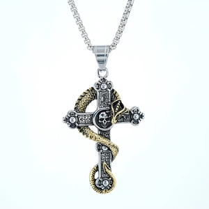 Collana a croce retrò in acciaio inossidabile con pendente serpente oro e teschio uomo