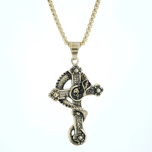 Collana gotica vintage con ciondolo a croce dorata, teschio e motivo a dragone