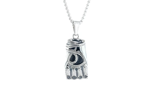 Detailed view of silver Spartan fist pendant with box chain and vintage finish