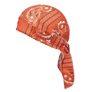 Leuchtend orangefarbenes elastisches Durag mit weißem Paisley-Muster und seidiger Textur