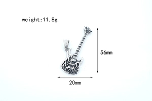Detail view of flame-engraved guitar pendant with 56mm height and 11.8g weight