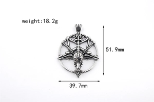Detail view of Baphomet goat head pendant showing dimensions 51.9mm by 39.7mm and 18.2g weight