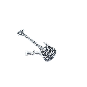 Retro hip-hop guitar pendant necklace in vintage silver finish with flame relief texture
