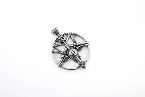 Detail of vintage silver Baphomet goat skull pendant with inverted pentagram design